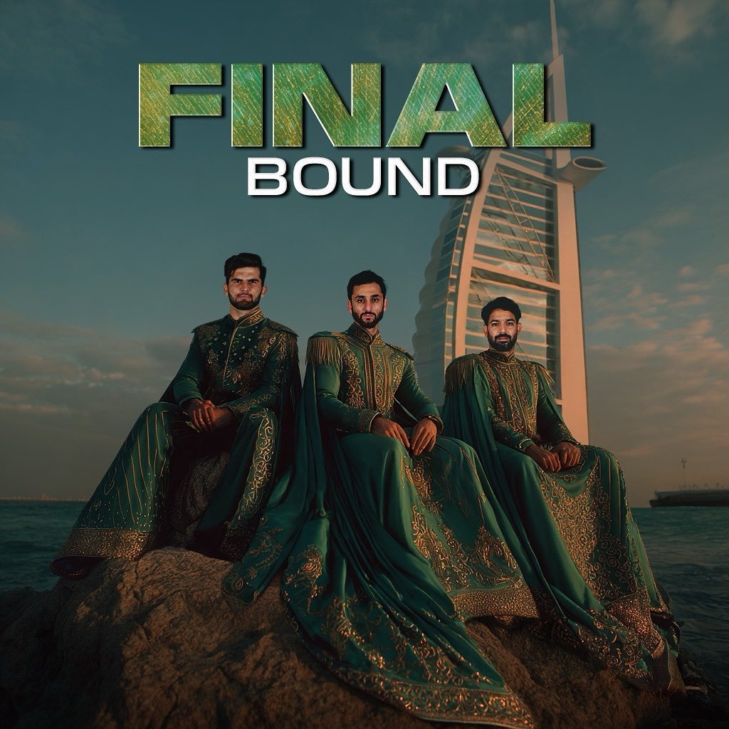 Salman Agha, Shahin Afridi and Haris Rauf posing with a message FINAL BOUND