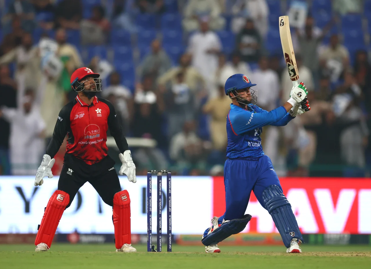 Azmatullah Omarzai hitting a six against Hong Kong in Asia Cup match 1