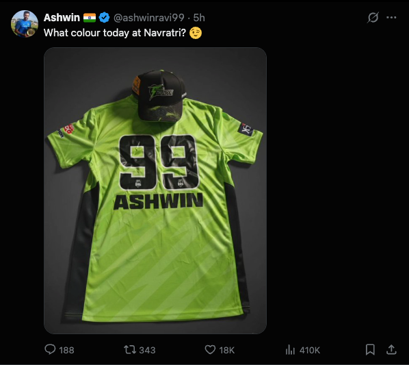Ashwin posted his Thunder BBL jersey on X