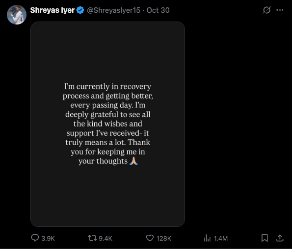 Shreyas Iyer posted about his health on X