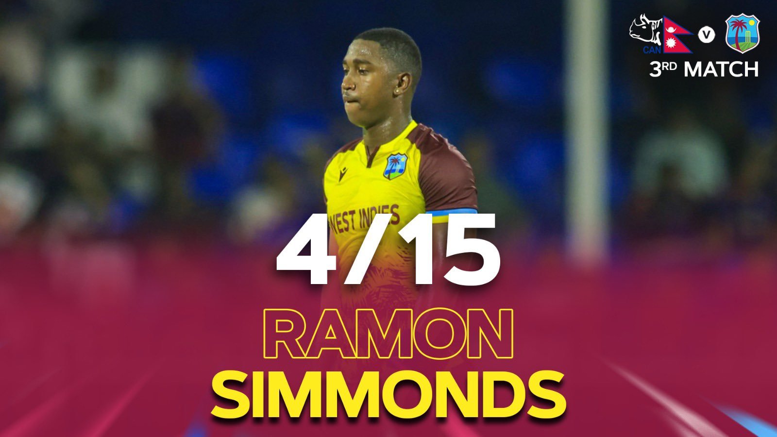 Ramon Simmonds took 4 wickets for 15 runs in the West Indies vs Nepal 3rd T20I