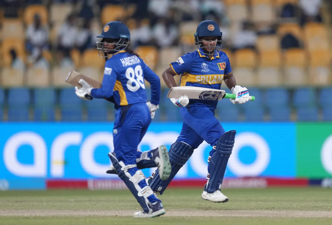 hasini perera and harshita samarawickrama running a single in WCWC 2025 against England