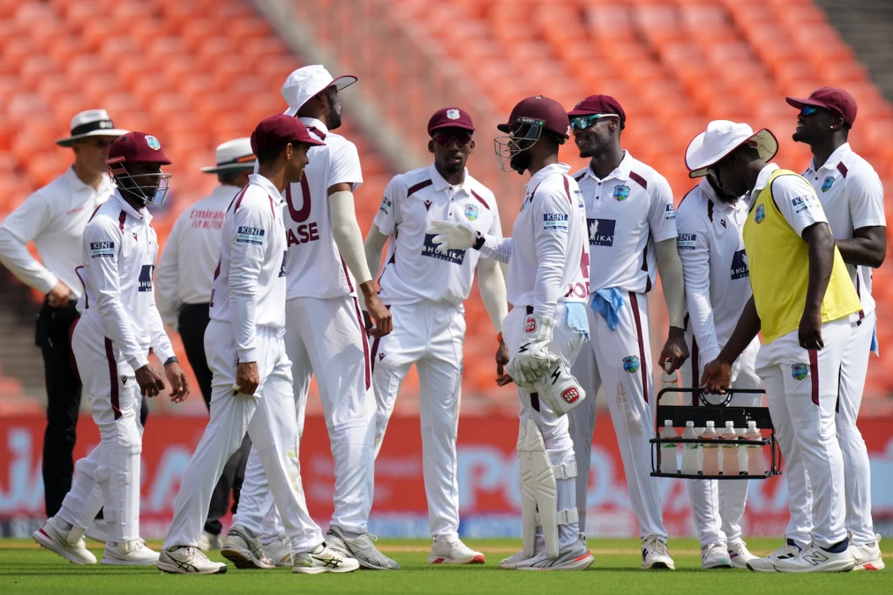 West Indies players celebrate dismissal of Shubhman Gill