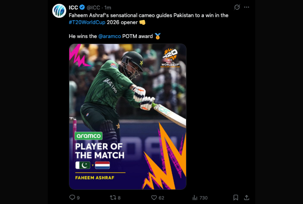 PAK vs NED T20 World Cup 2026 - Player of the Match - Faheem Ashraf - post by ICC on X