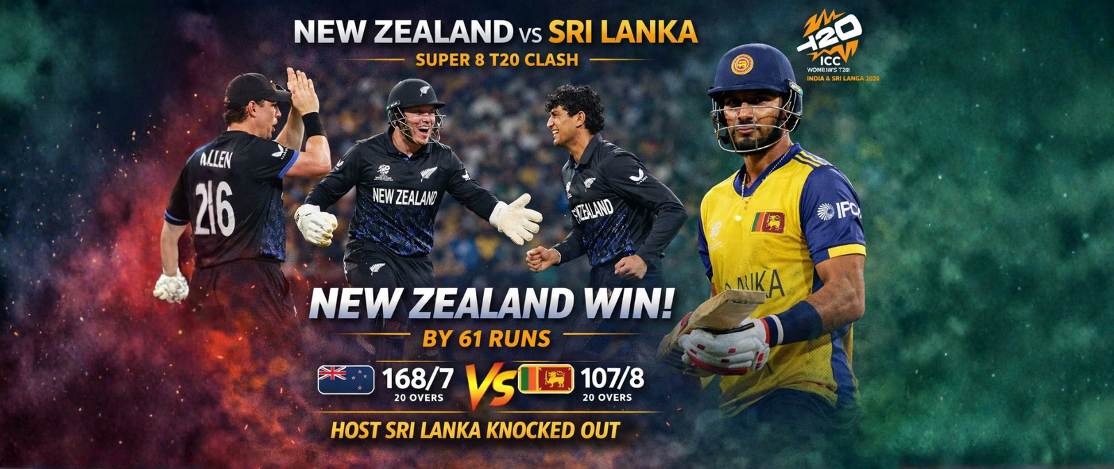 Sri Lanka vs New Zealand Super 8: Kiwis Win by 61 Runs; Lankans Knocked Out 102 Sri Lanka vs New Zealand Super 8: Kiwis Win by 61 Runs; Lankans Knocked Out