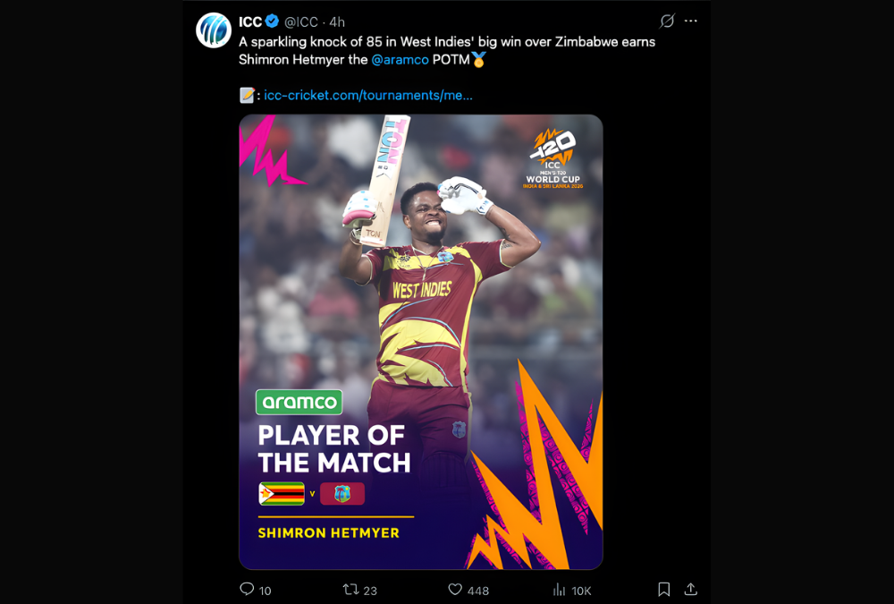 Zimbabwe vs West Indies Super 8 T20 World Cup 2026 Player of the Match post by ICC on X